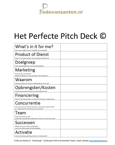 Pitch Deck by Edo van Santen, De Pitch Coach, Trainer